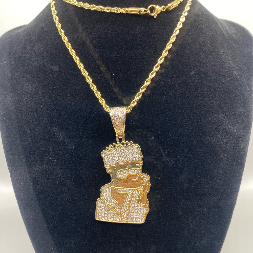 Bart Simpson | 14k Gold | High End CZ Pendant w 22’ Gold Rope Chain